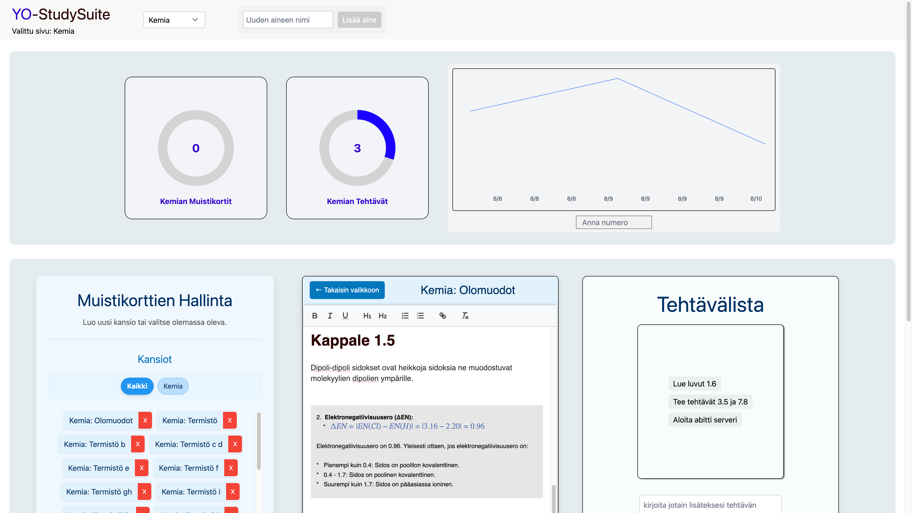YO‑StudySuite käyttöliittymä: muistikortit, tehtävät ja markdown‑editori ylioppilaskokeisiin valmistautumiseen